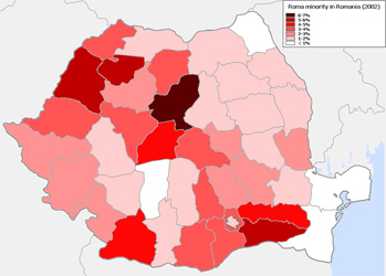 Roma in Rumänien laut (den viel zu niedrigen) Volkszählungsdaten 2002 (Grafik: Olahus, Wikipedia) 