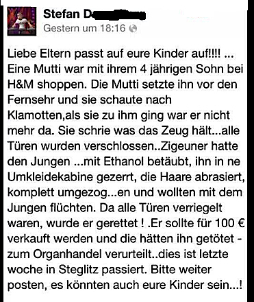 "Zigeuner stehlen Kinder" - das alte Märchen stirbt auch in Deutschland nicht aus (Foto: Hagalil.com)