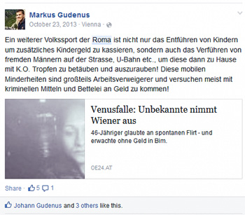 Hetze gegen Roma: Posting von FP-Bezirksrat Markus Gudenus (Screenshot: K. Öllinger)