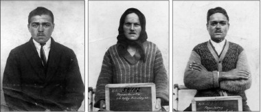 Polizeifotos verschleppter und später ermordeter Holzschläger Roma; v. l. n. r.: Rupert Papai (geb. 1905), Gisella Papai (geb. 1906), Ludwig Papai (geb. 1907) (Foto: Mri historija)