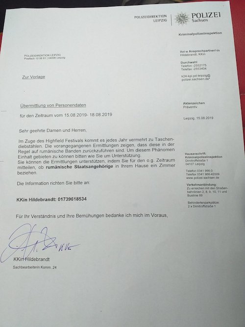 Schreiben der Polizei (Foto: Romano Sumnal/Facebook)