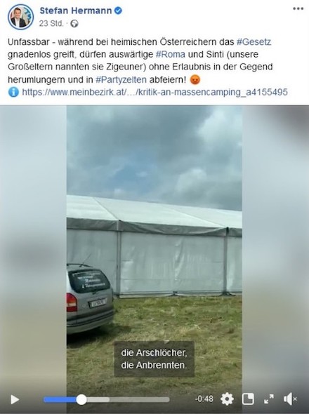 "Unfassbar": Stefan Hermann, stv. Klubobmann der FPÖ im steiermärkischen Landtag, verbreitet das rassistische Video in den sozialen Medien (Screenshot: SOS Mitmensch)