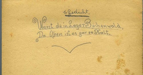Buchenwald - Seitenauszug aus dem Gedichtbuch von Johann (Mongo) Stojka, 1945 (Foto: Kazerne Dossin in Mechelen/buchenwald.de)) 