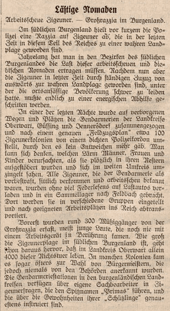 Auf dem Weg zum Holocaust: "Lästige Nomaden", Steirische Grenzwacht, 30.7.1939