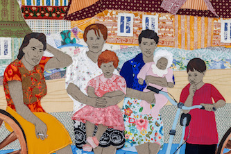 Małgorzata Mirga-Tas, Tełe Ćerhenia Jekh Jag, Detailansicht 1. Obergeschoss Kunsthaus Bregenz, 2025: ""Kana werdan jawela kierdo andro drom (When the wagon is ready to go), 2025 Foto: Markus Tretter © Małgorzata Mirga-Tas, Kunsthaus Bregenz, Courtesy of the artist, Foksal Gallery Foundation, Warschau, Frith Street Gallery, London, Karma International, Zürich